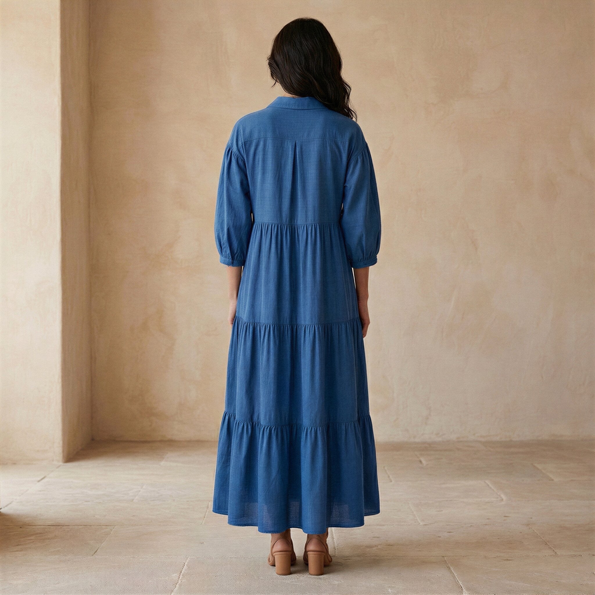 Powder Blue Handspun Cotton Deep-V Maxi Tier Dress
