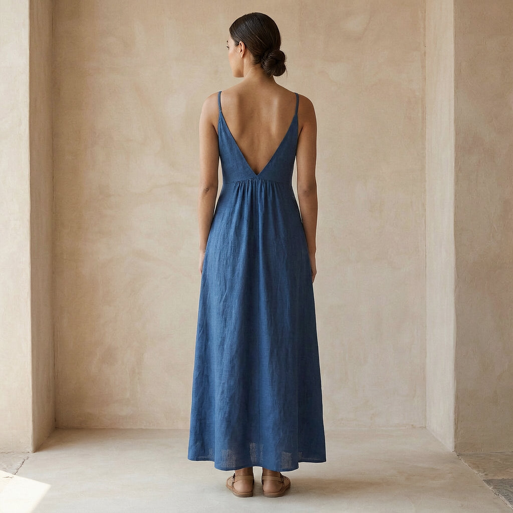 Powder Blue Handspun Cotton Deep V-Neck Cami Maxi Dress
