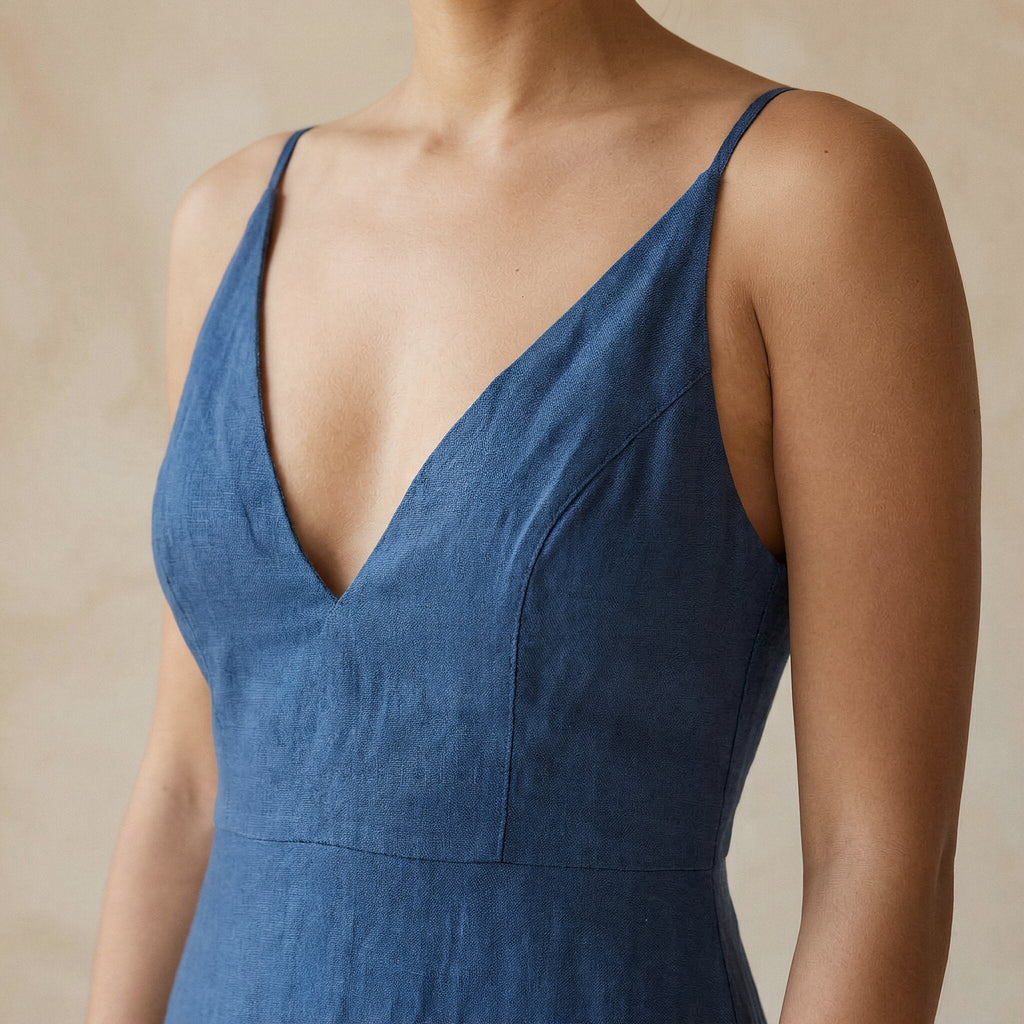 Powder Blue Handspun Cotton Deep V-Neck Cami Maxi Dress