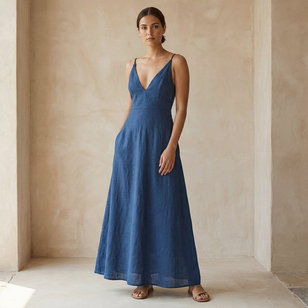Powder Blue Handspun Cotton Deep V-Neck Cami Maxi Dress