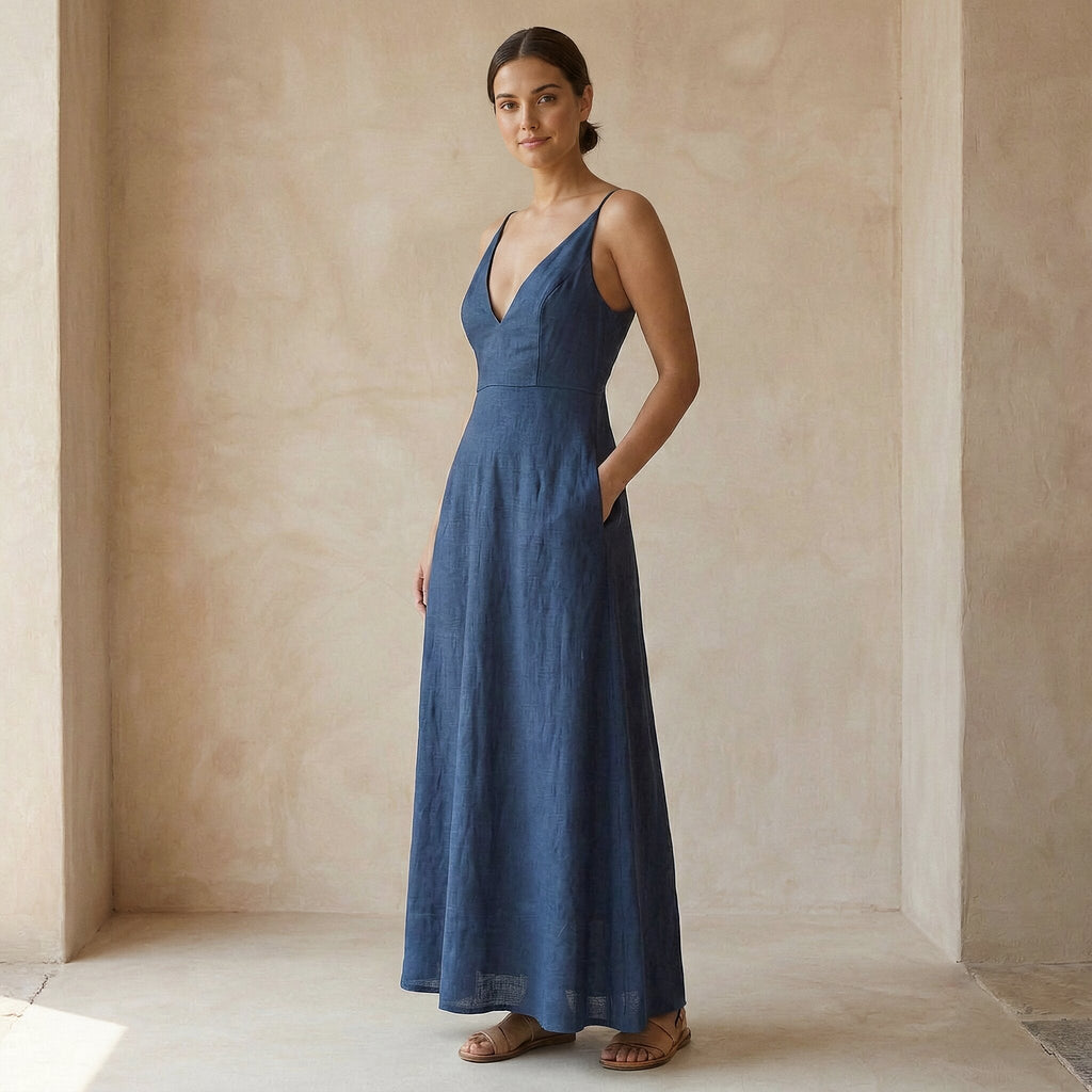 Powder Blue Handspun Cotton Deep V-Neck Cami Maxi Dress