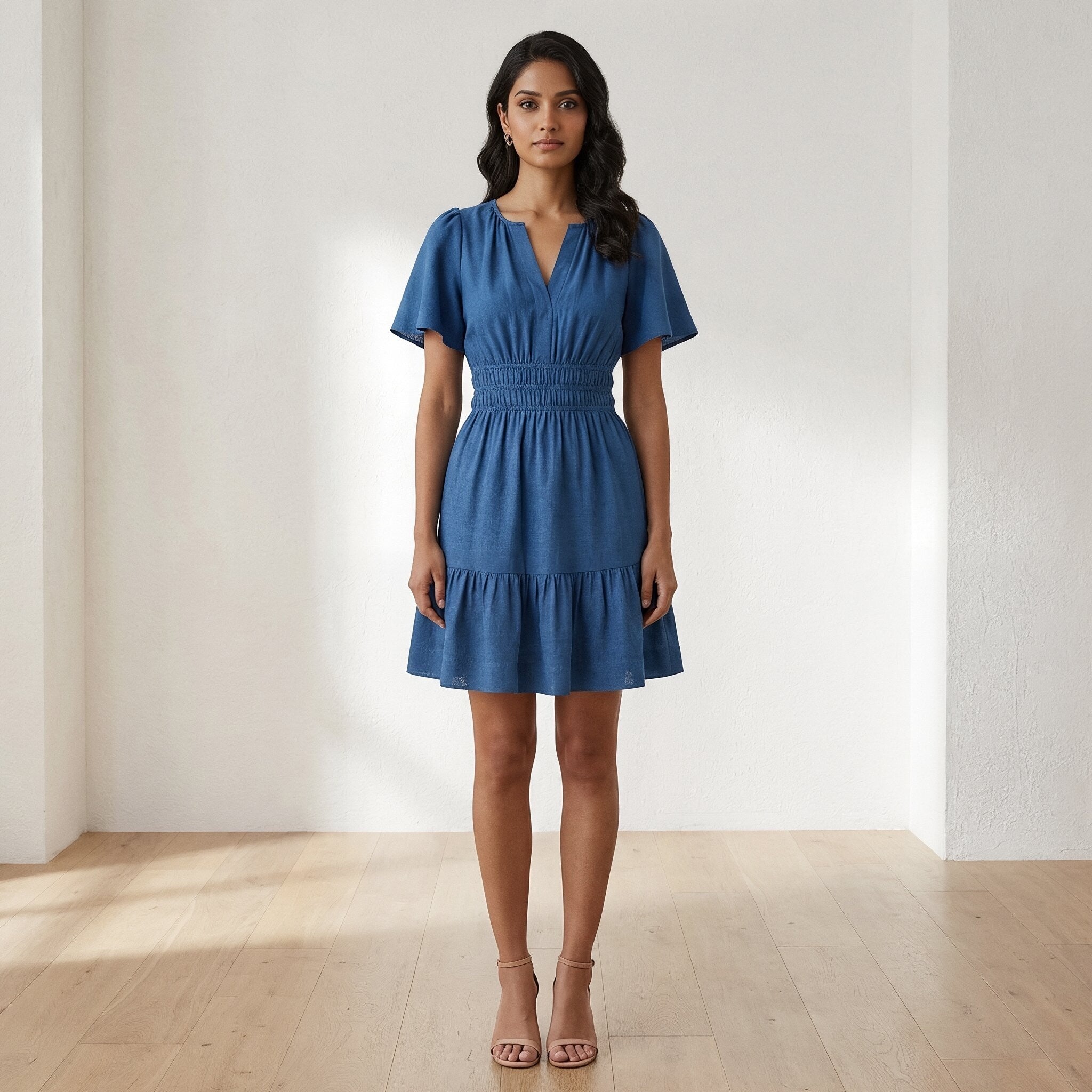 Powder Blue Handspun Cotton Elasticated Short Tier Dress