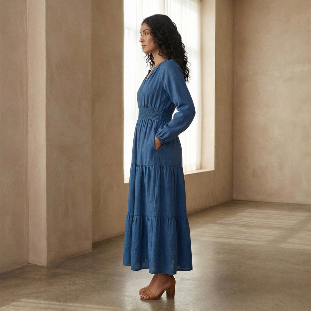 Powder Blue Handspun Cotton Fit and Flare Maxi Tier Dress