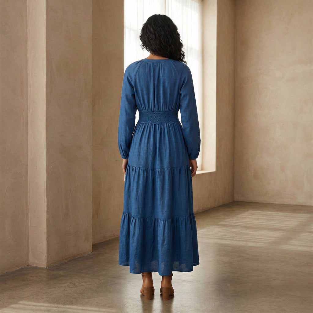 Powder Blue Handspun Cotton Fit and Flare Maxi Tier Dress