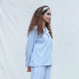 Right View of a Model wearing Powder Blue Handspun Cotton Full Sleeve Button-Down Shirt