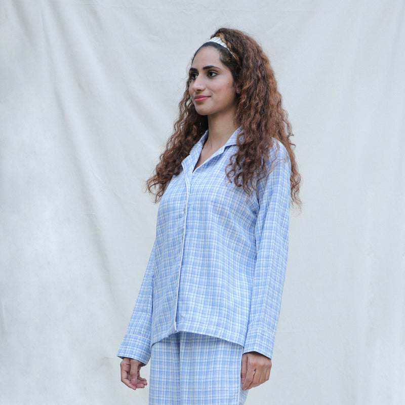 Left View of a Model wearing Powder Blue Handspun Cotton Full Sleeve Button-Down Shirt