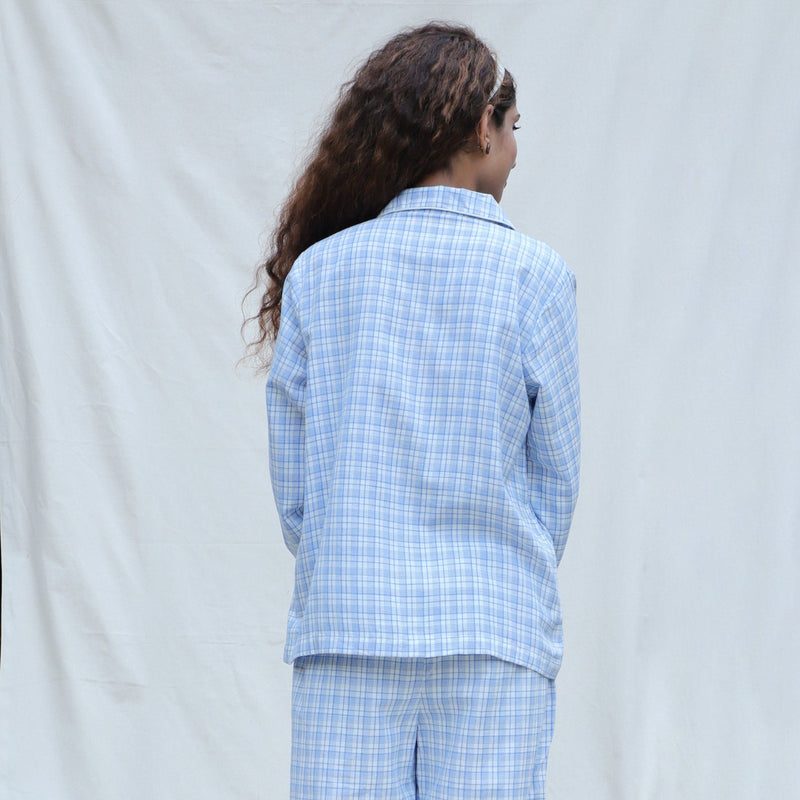 Back View of a Model wearing Powder Blue Handspun Cotton Full Sleeve Button-Down Shirt