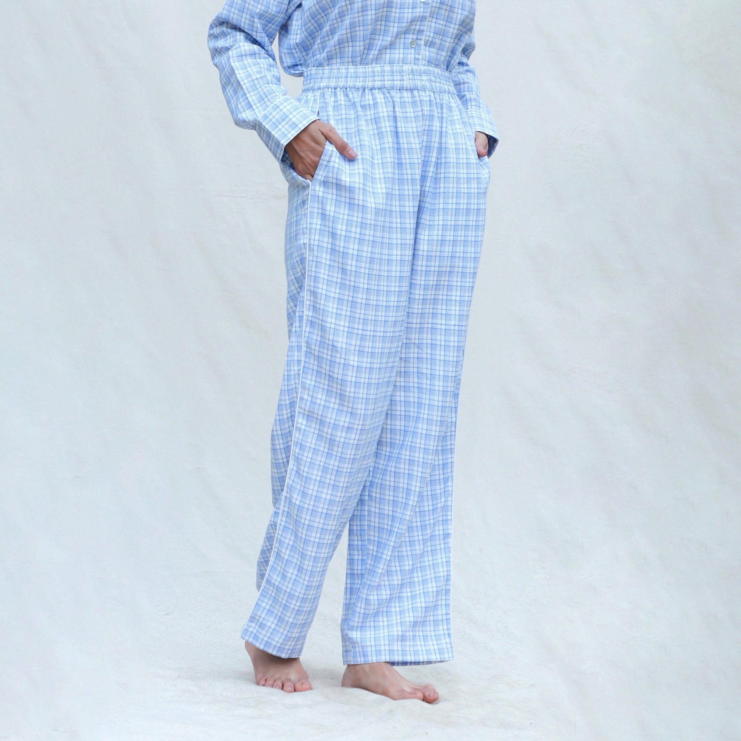 Right View of a Model wearing Powder Blue Handspun Cotton High-Rise Pajama