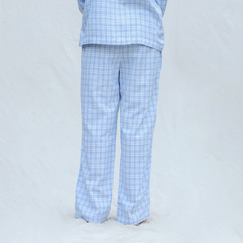 Back View of a Model wearing Powder Blue Handspun Cotton High-Rise Pajama