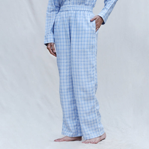 Left View of a Model wearing Powder Blue Handspun Cotton High-Rise Pajama