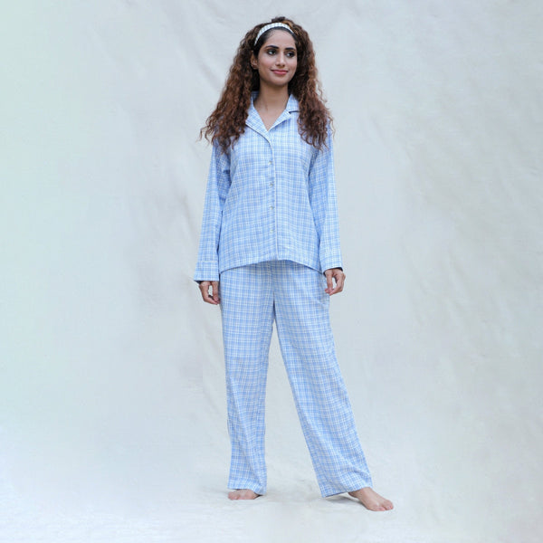 Front View of a Model wearing Powder Blue Handspun Cotton High-Rise Pajama