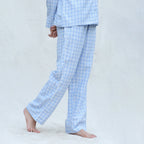 Right View of a Model wearing Powder Blue Handspun Cotton High-Rise Pajama