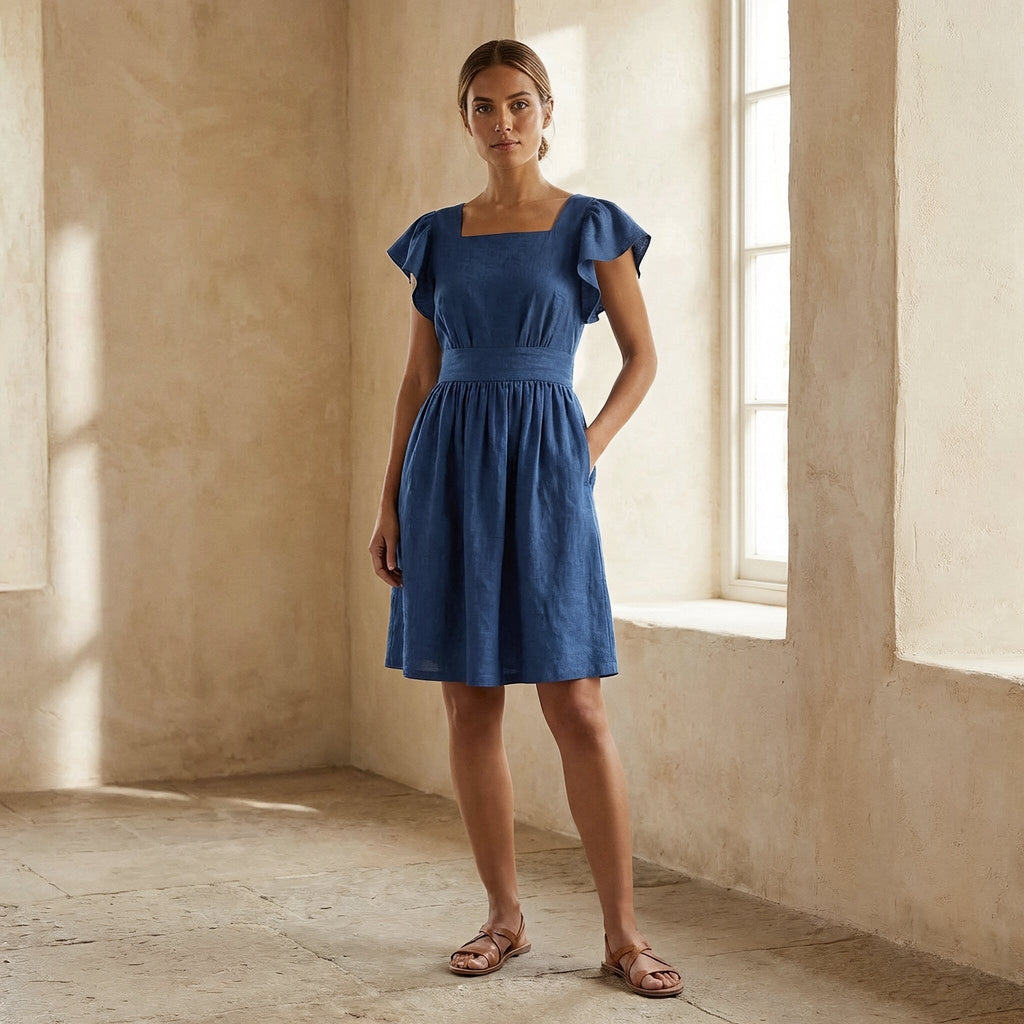 Powder Blue Handspun Cotton Open-Back Fit and Flare Knee Length Dress
