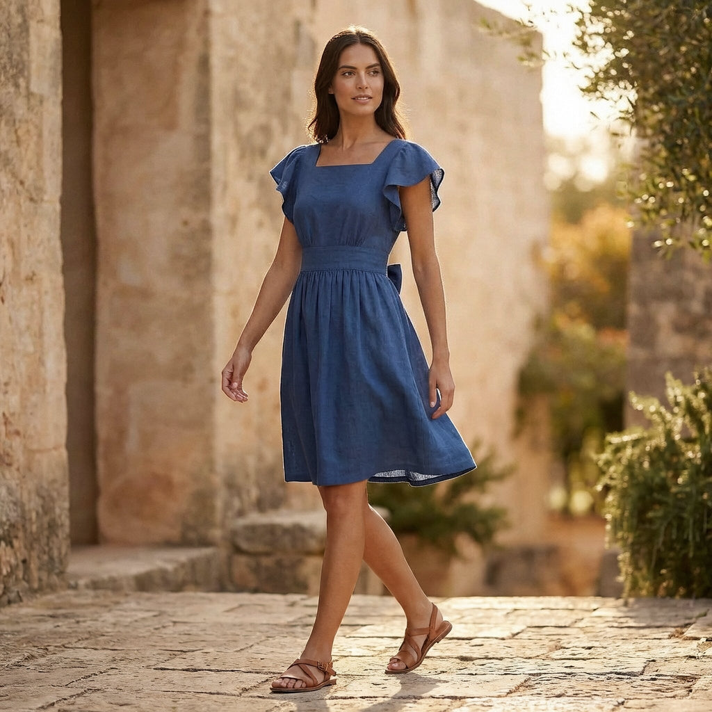 Powder Blue Handspun Cotton Open-Back Fit and Flare Knee Length Dress