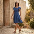 Powder Blue Handspun Cotton Open-Back Fit and Flare Knee Length Dress