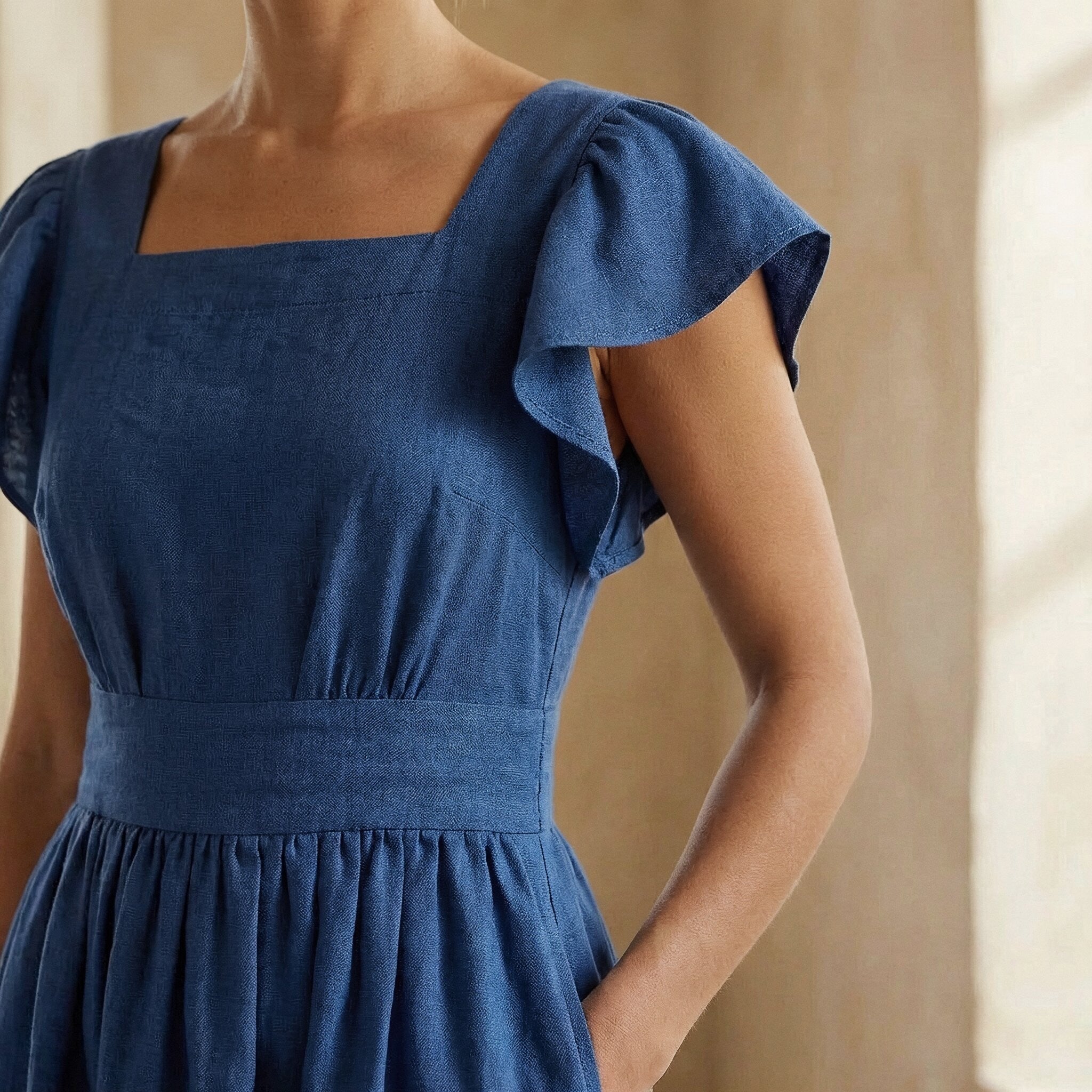 Powder Blue Handspun Cotton Open-Back Fit and Flare Knee Length Dress