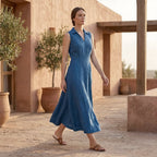 Powder Blue Handspun Cotton Paneled Sleeveless Maxi Dress