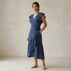 Powder Blue Handspun Cotton Ruffle Midi Wrap Dress