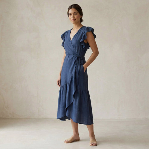 Powder Blue Handspun Cotton Ruffle Midi Wrap Dress