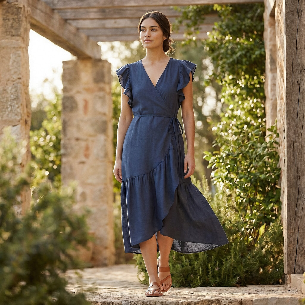 Powder Blue Handspun Cotton Ruffle Midi Wrap Dress