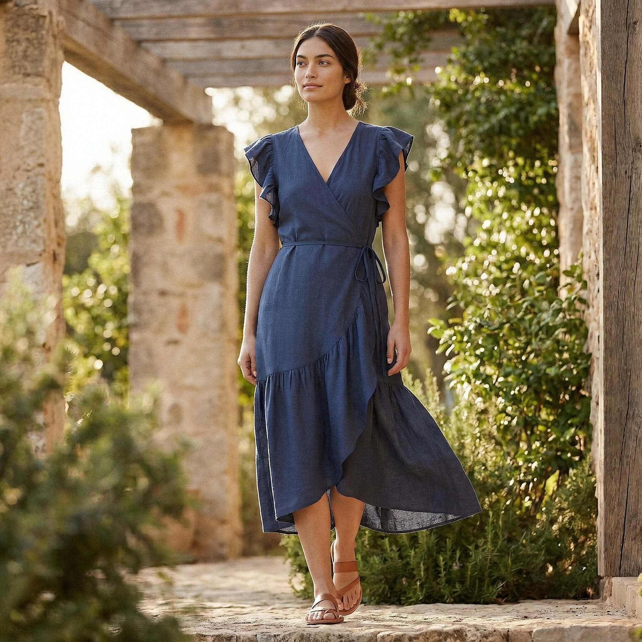 Powder Blue Handspun Cotton Ruffle Midi Wrap Dress