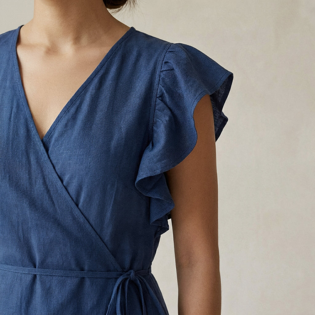 Powder Blue Handspun Cotton Ruffle Midi Wrap Dress