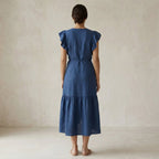 Powder Blue Handspun Cotton Ruffle Midi Wrap Dress