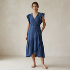 Powder Blue Handspun Cotton Ruffle Midi Wrap Dress