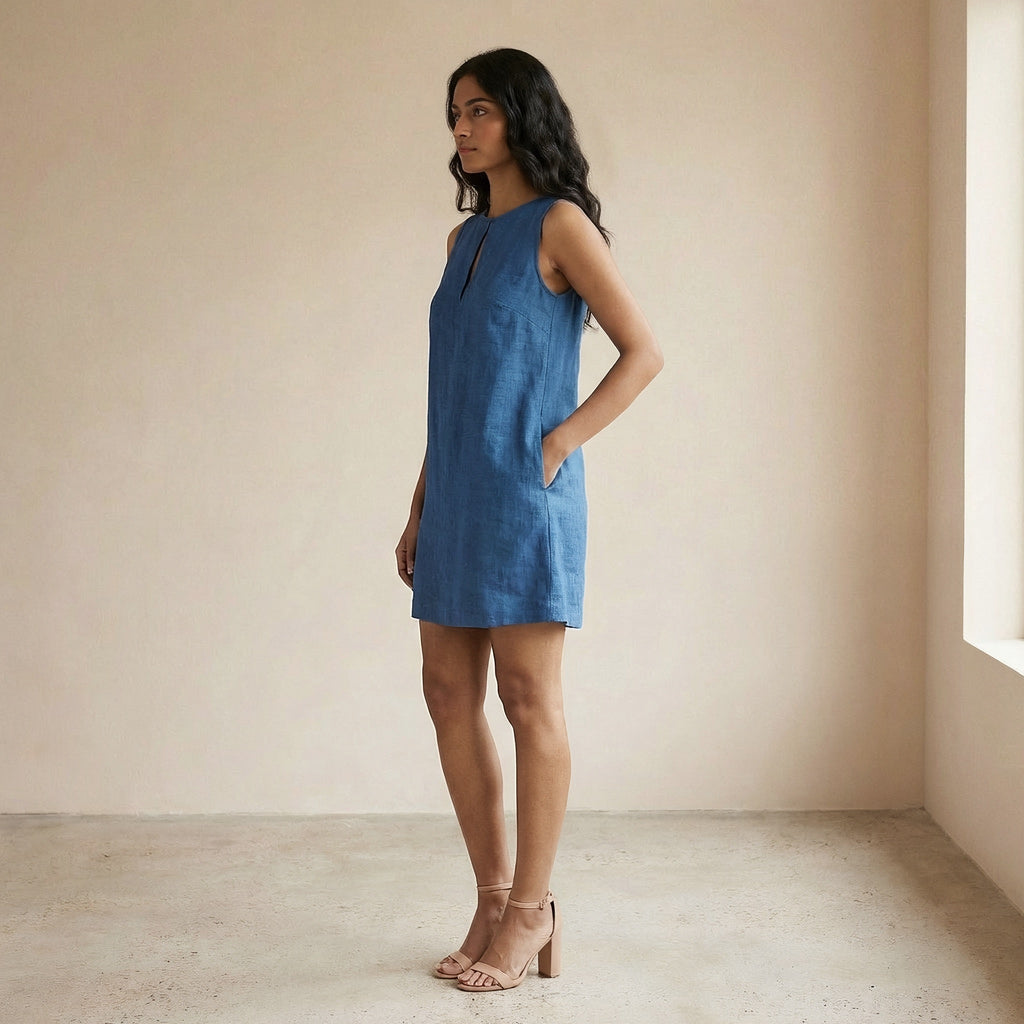 Powder Blue Handspun Cotton Sleeveless A-Line Short Shift Dress