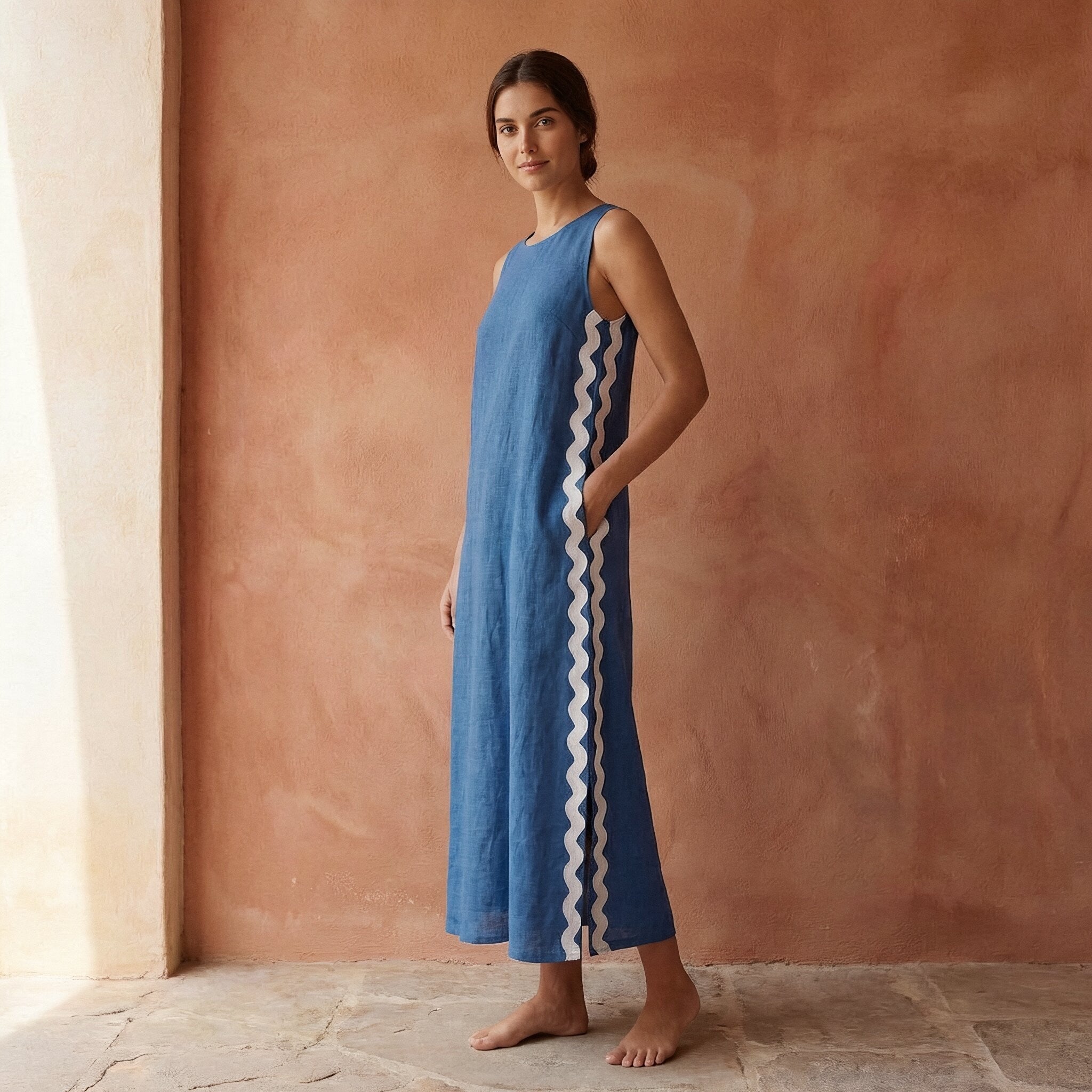 Powder Blue Handspun Cotton Wavy Stripe Maxi Shift Dress