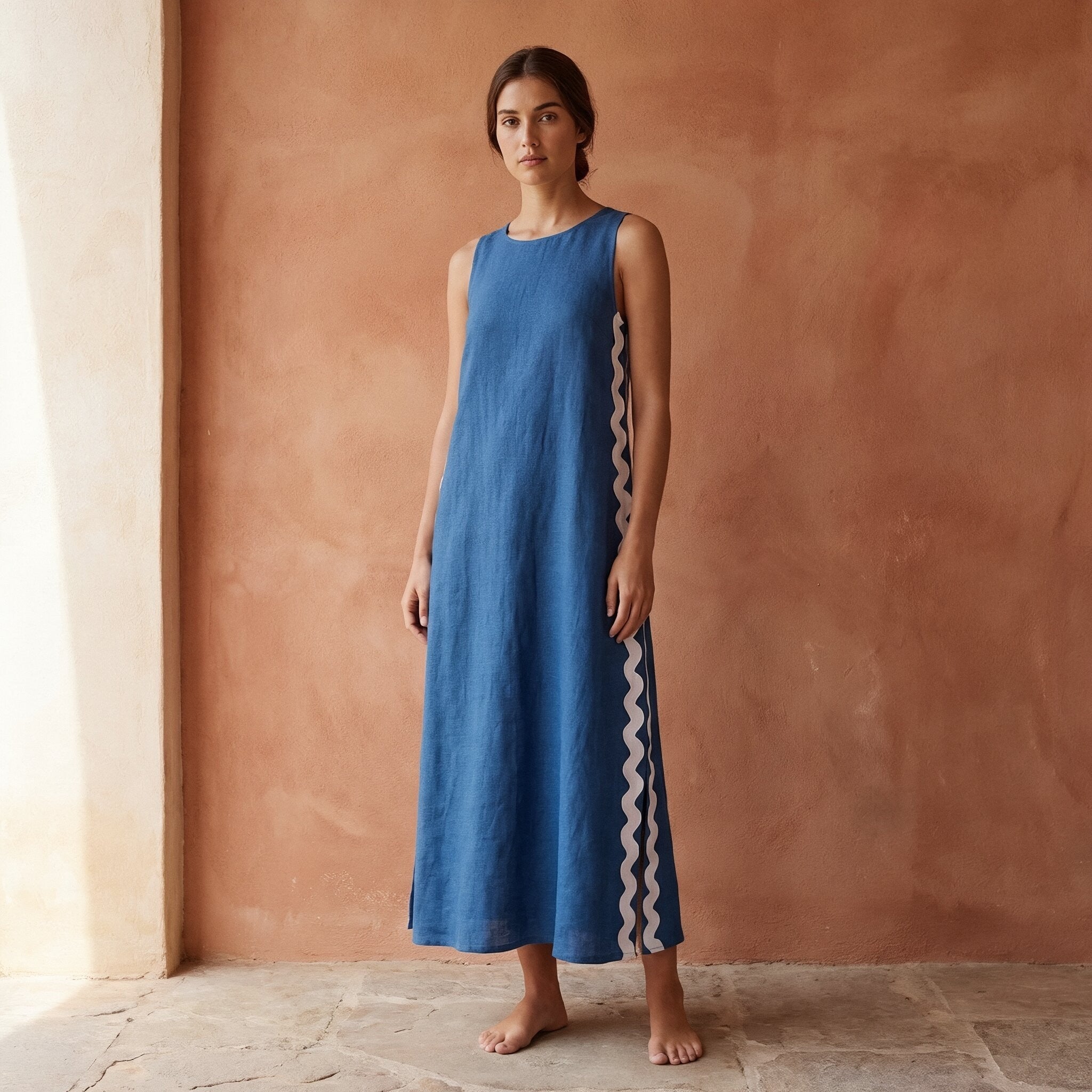 Powder Blue Handspun Cotton Wavy Stripe Maxi Shift Dress