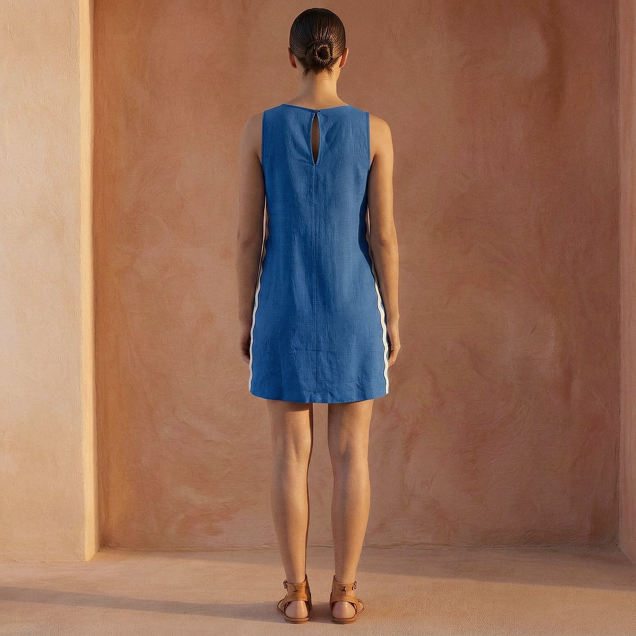Powder Blue Handspun Cotton Wavy Stripe Short Shift Dress