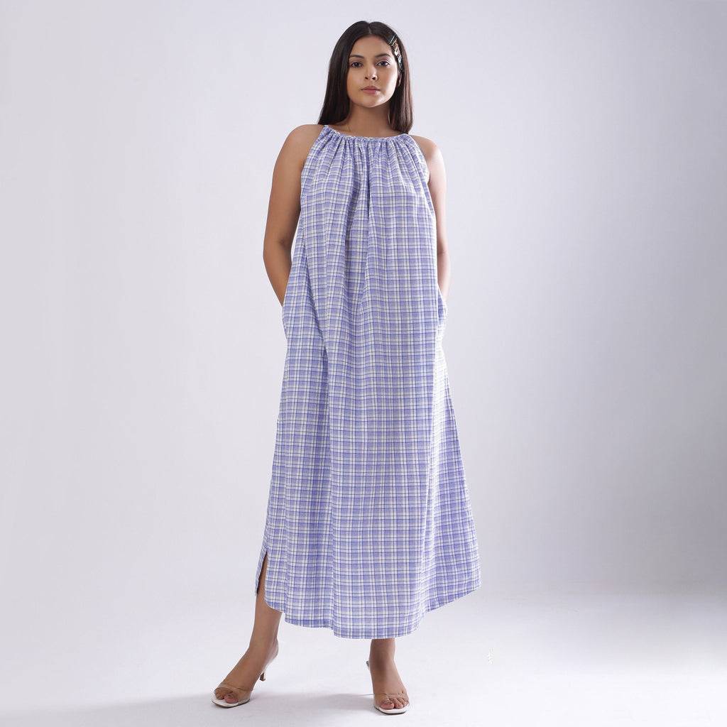 Front View of a Model wearing Powder Blue Checks Handspun Cotton Maxi Flared Dress