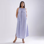 Front View of a Model wearing Powder Blue Checks Handspun Cotton Maxi Flared Dress