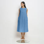 Front View of a Model wearing Powder Blue Vegetable Dyed A-Line Paneled Dress