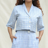 Front Detail of a Model wearing Powder Blue Checkered Handspun Cotton Short Jacket