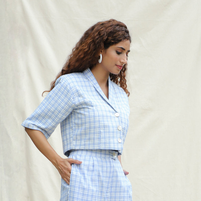 Right View of a Model wearing Powder Blue Checkered Handspun Cotton Short Jacket