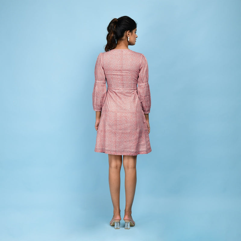 Back View of a Model wearing Powder Pink Block Print Cotton Short Dress