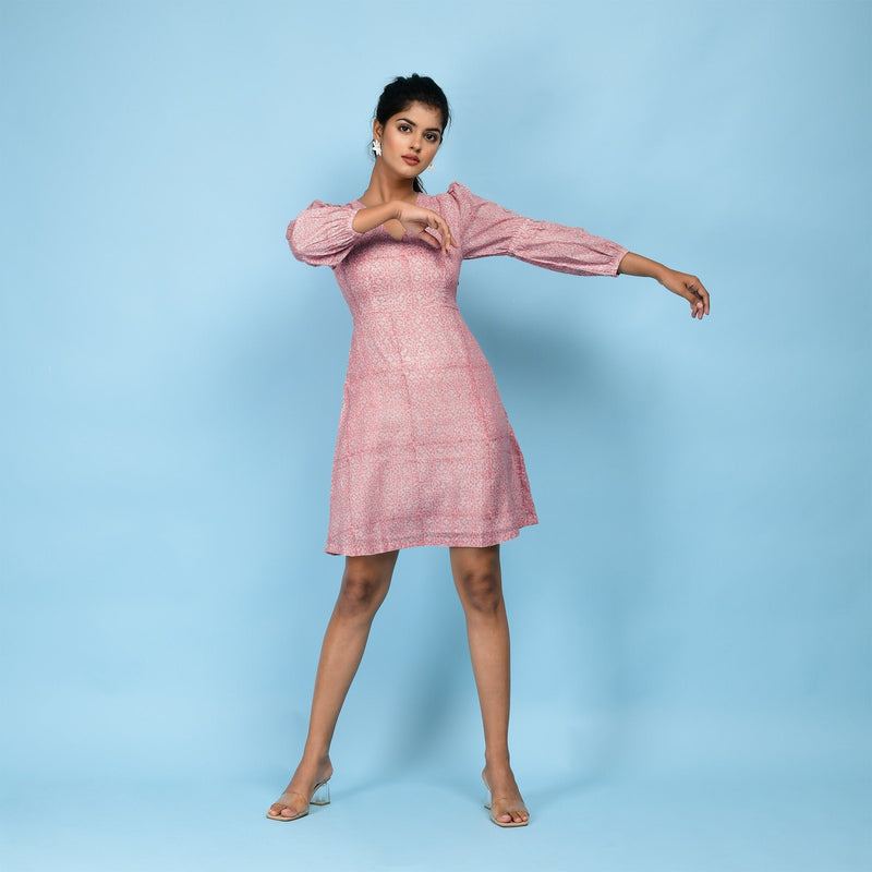 Front View of a Model wearing Powder Pink Block Print Cotton Short Dress