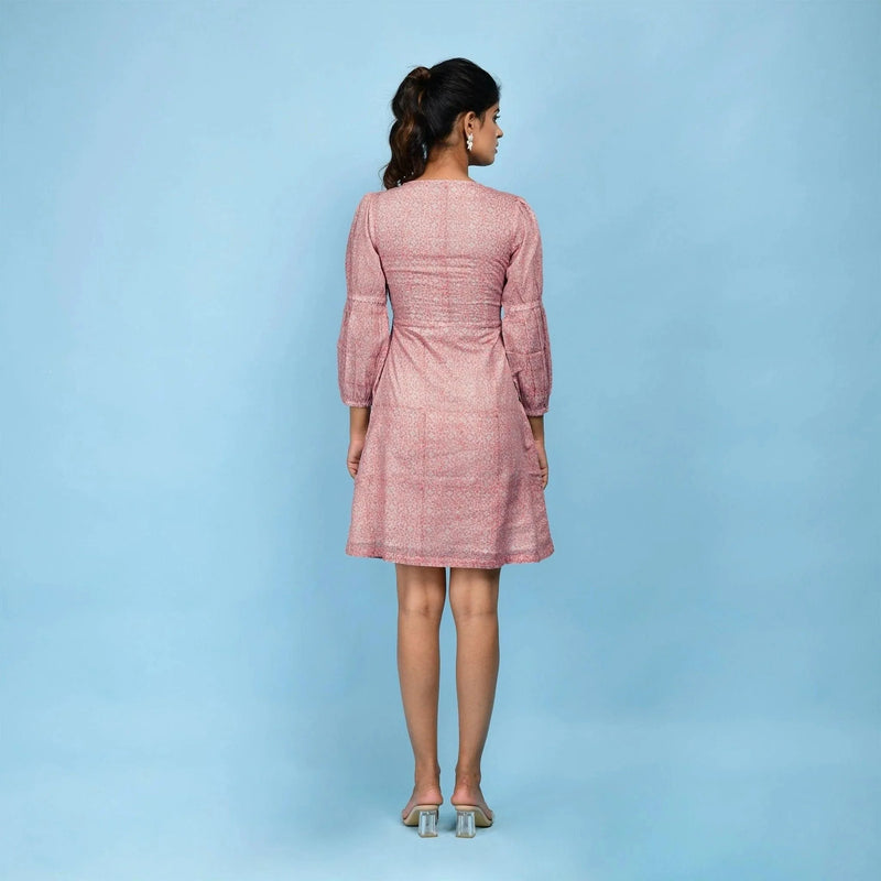 Back View of a Model wearing Powder Pink Block Print Cotton Short Dress