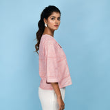 Right View of a Model wearing Powder Pink Block Printed Chelsea Collar Cotton Top