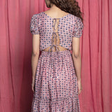 Back Detail of a Model wearing Powder Pink Chanderi Block Printed Maxi Cotton Dress
