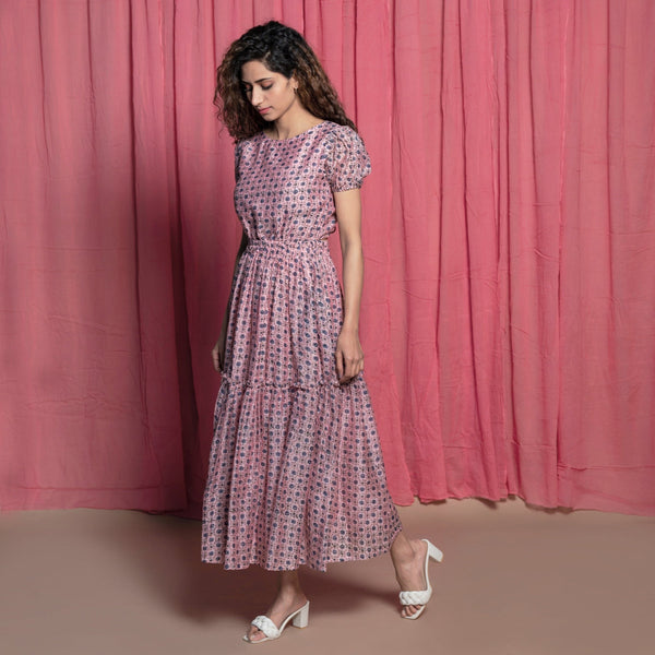 Left View of a Model wearing Powder Pink Chanderi Block Printed Maxi Cotton Dress