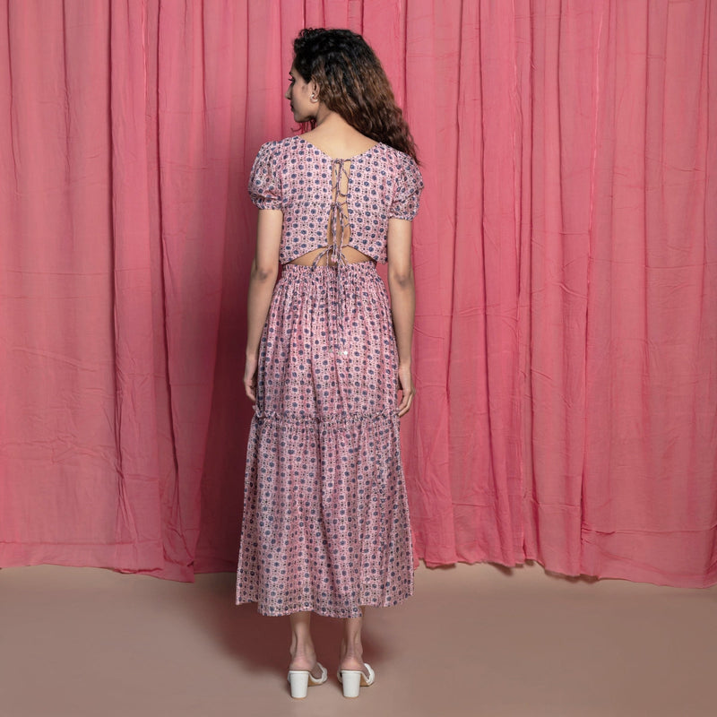 Back View of a Model wearing Powder Pink Chanderi Block Printed Maxi Cotton Dress