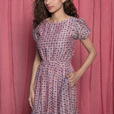 Front Detail of a Model wearing Powder Pink Chanderi Block Printed Maxi Cotton Dress