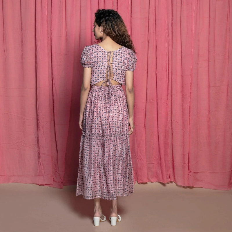 Back View of a Model wearing Powder Pink Chanderi Block Printed Maxi Cotton Dress