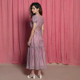 Back View of a Model wearing Powder Pink Chanderi Block Printed Maxi Cotton Dress