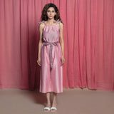 Front View of a Model wearing Pink Cotton Chanderi Block Printed Tie Neck Midi Jumpsuit