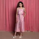 Front View of a Model wearing Pink Cotton Chanderi Block Printed Tie Neck Midi Jumpsuit