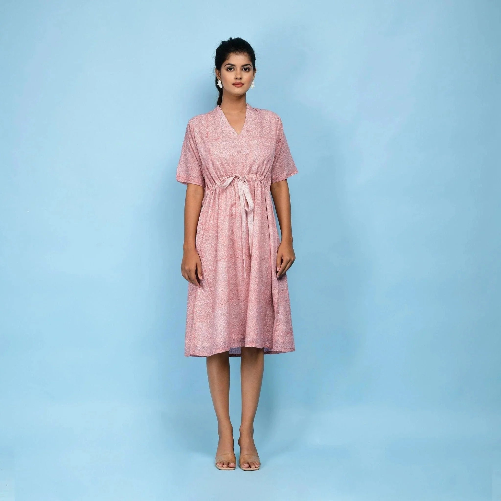 Front View of a Model wearing Powder Pink Cotton Block Print Knee-Length Kaftan Dress